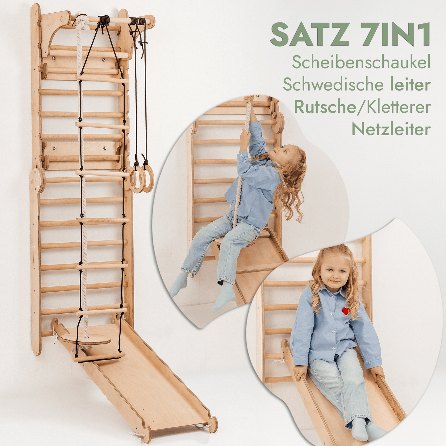 8in1 Kletterwand Indoor: Sprossenwand, Gymnastikringe, Hängeleiter, Tellerschaukel, Rutsche, Klimmzugstange, Maltafel und Kinderstuhl für Kinder – Beige