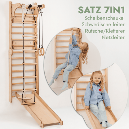8in1 Kletterwand Indoor: Sprossenwand, Gymnastikringe, Hängeleiter, Tellerschaukel, Rutsche, Klimmzugstange, Maltafel und Kinderstuhl für Kinder – Beige