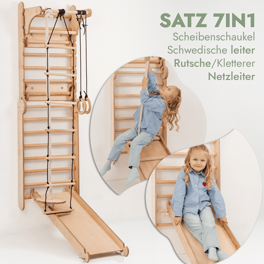 8in1 Kletterwand Indoor: Sprossenwand, Gymnastikringe, Hängeleiter, Tellerschaukel, Rutsche, Klimmzugstange, Maltafel und Kinderstuhl für Kinder – Beige