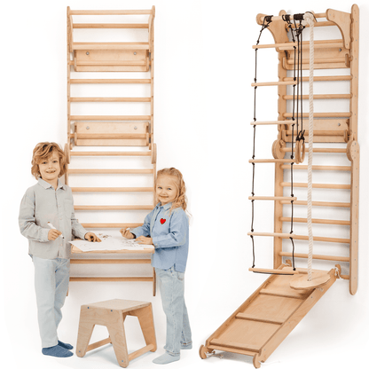 8in1 Kletterwand Indoor: Sprossenwand, Gymnastikringe, Hängeleiter, Tellerschaukel, Rutsche, Klimmzugstange, Maltafel und Kinderstuhl für Kinder – Beige