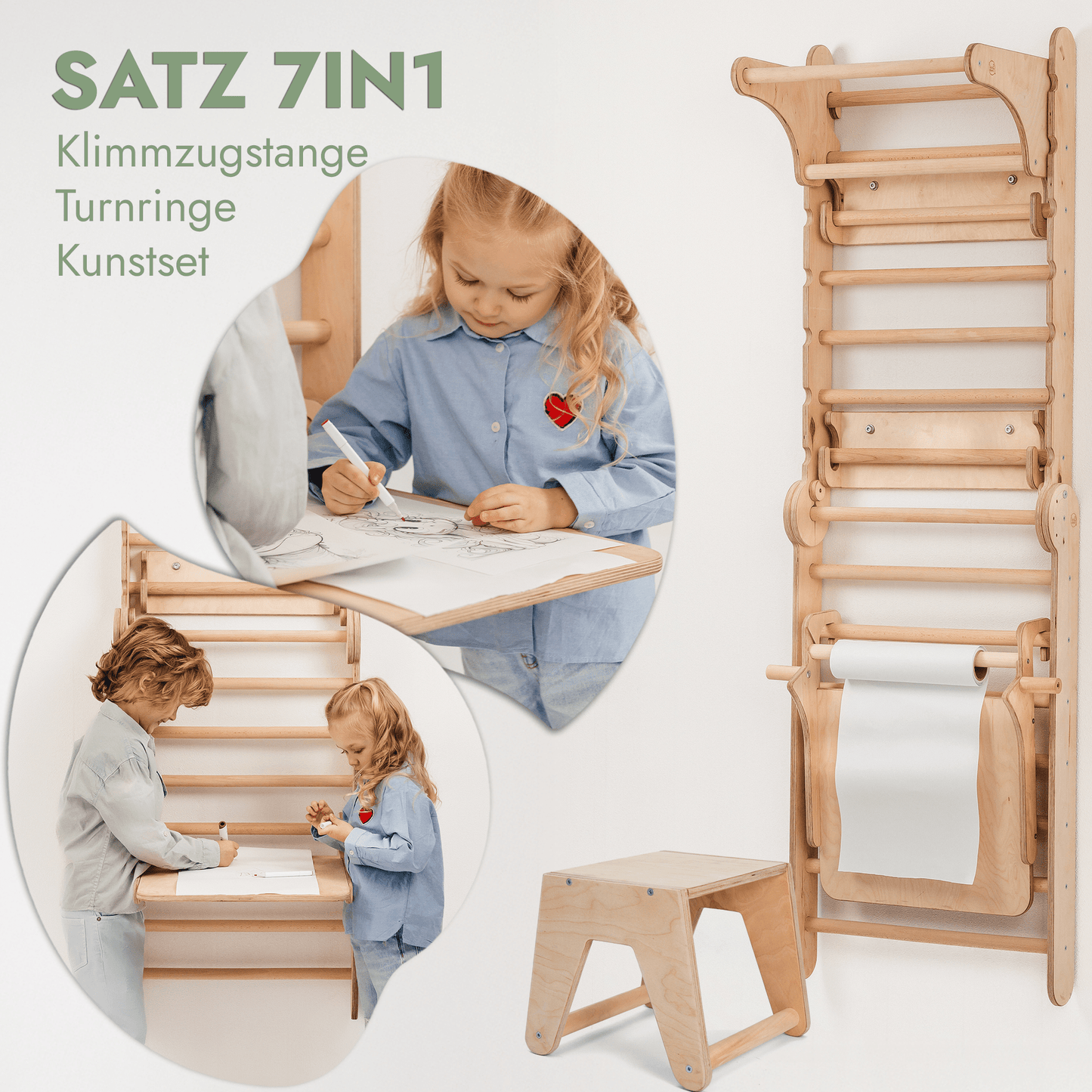 8in1 Kletterwand Indoor: Sprossenwand, Gymnastikringe, Hängeleiter, Tellerschaukel, Rutsche, Klimmzugstange, Maltafel und Kinderstuhl für Kinder – Beige