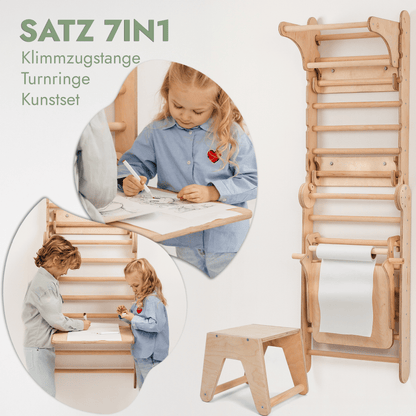 8in1 Kletterwand Indoor: Sprossenwand, Gymnastikringe, Hängeleiter, Tellerschaukel, Rutsche, Klimmzugstange, Maltafel und Kinderstuhl für Kinder – Beige