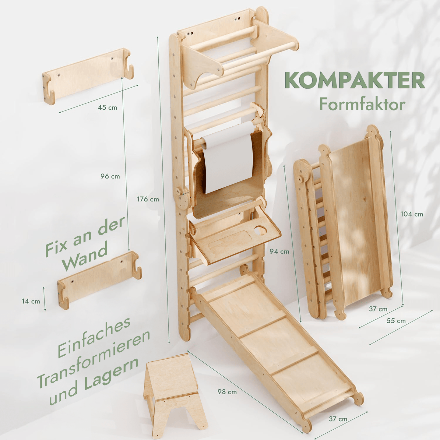 8in1 Kletterwand Indoor: Sprossenwand, Gymnastikringe, Hängeleiter, Tellerschaukel, Rutsche, Klimmzugstange, Maltafel und Kinderstuhl für Kinder – Beige